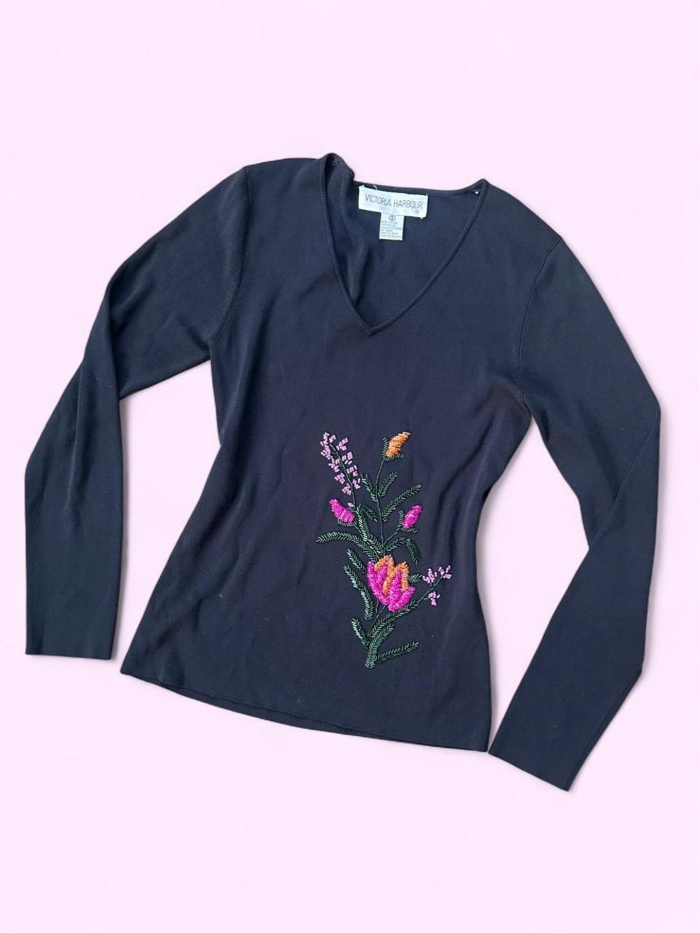 Black V-Neck Long Sleeve Top with Pink Floral Beaded Embroidery